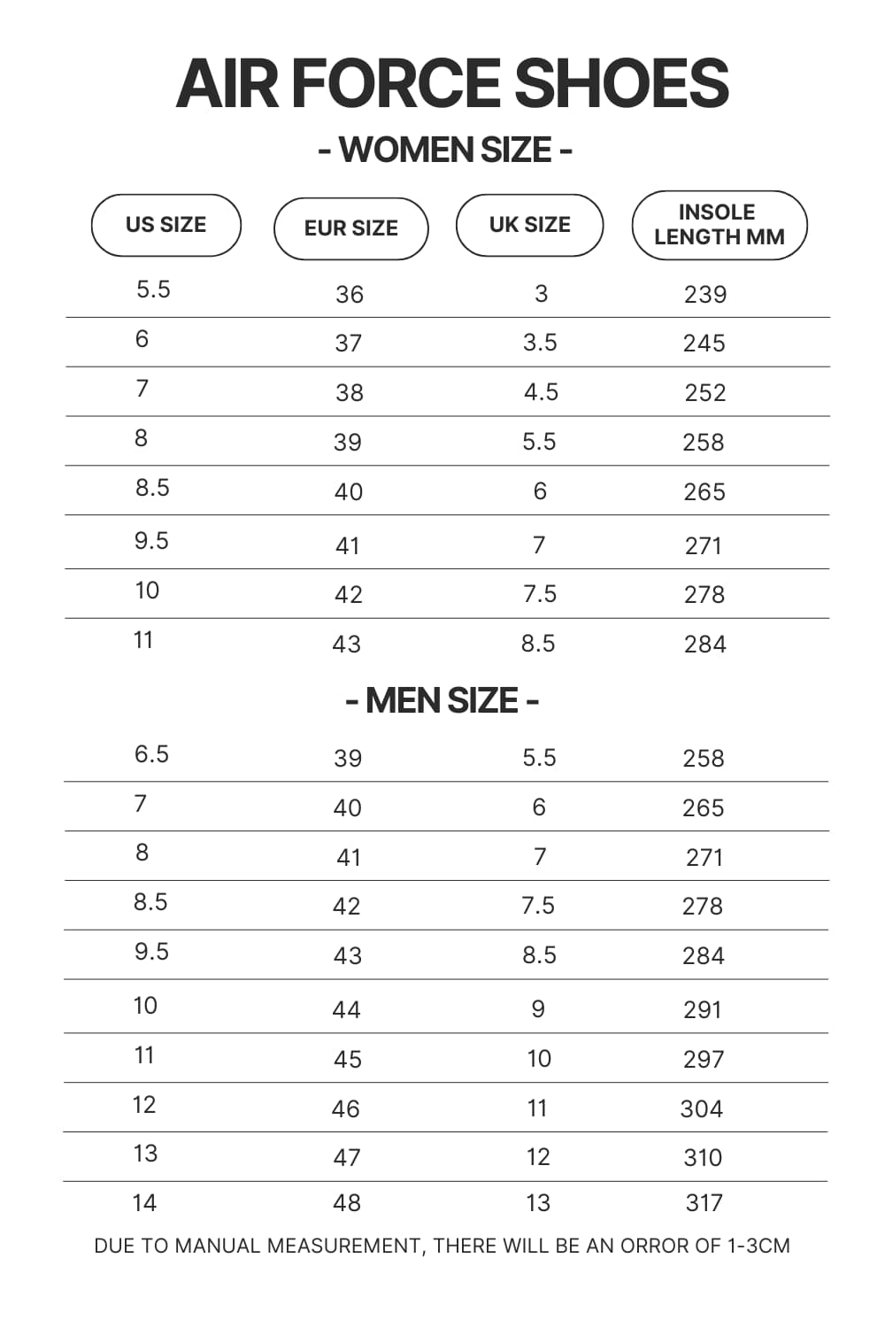Air Force Shoes Size Chart - Berserk Gifts