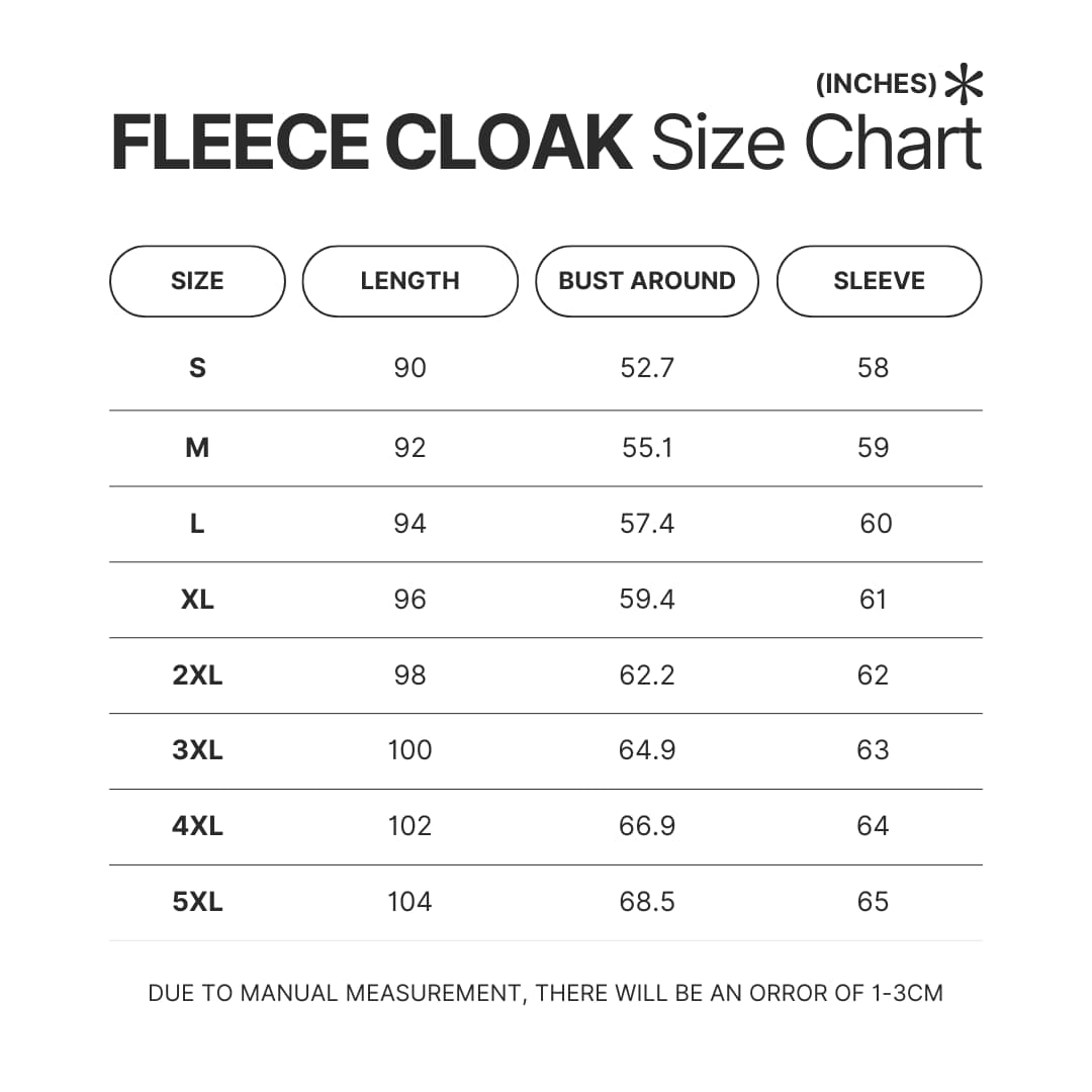 Fleece Cloak Size Chart - Berserk Gifts
