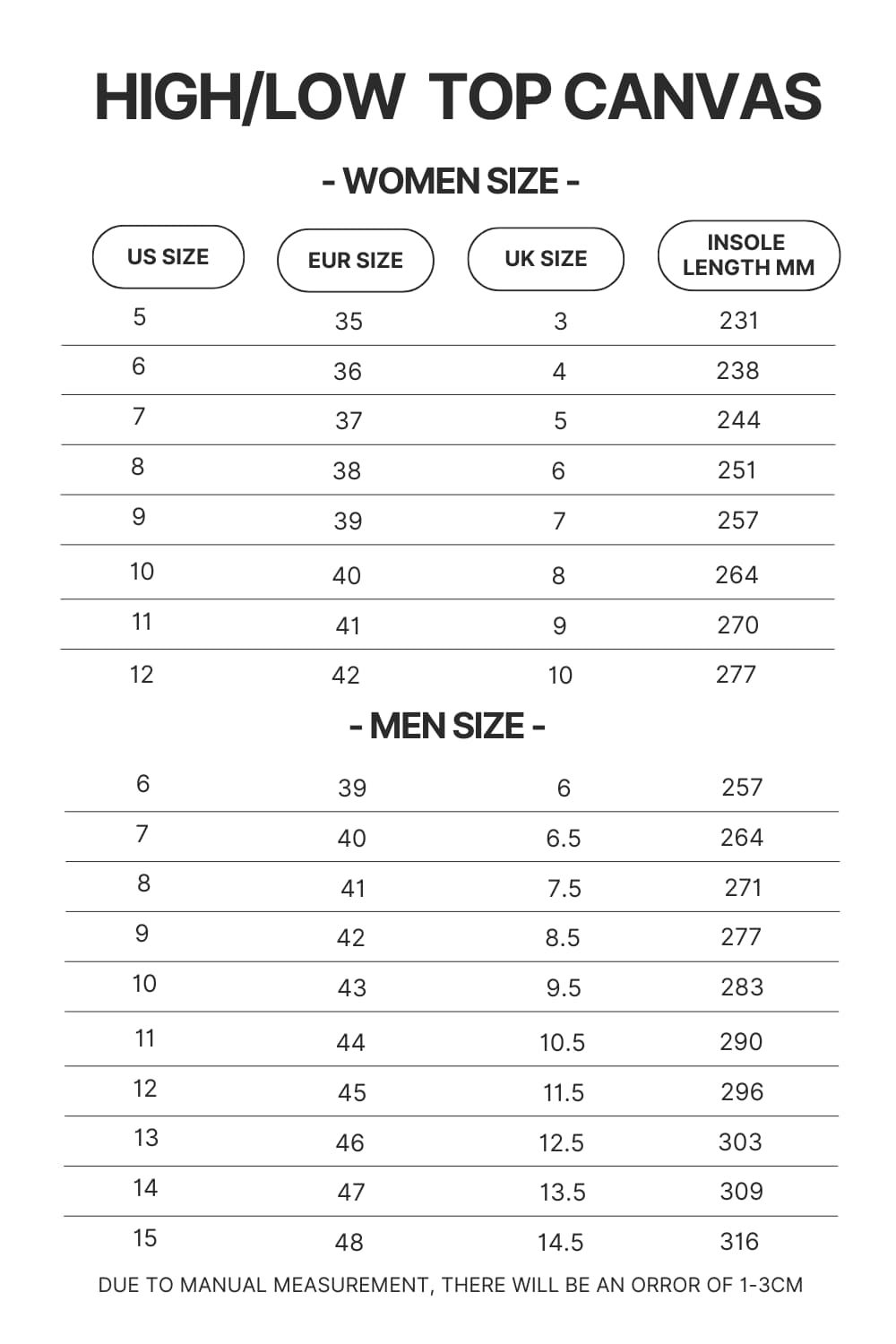 High Top Low Top Canvas Shoes Size Chart - Berserk Gifts