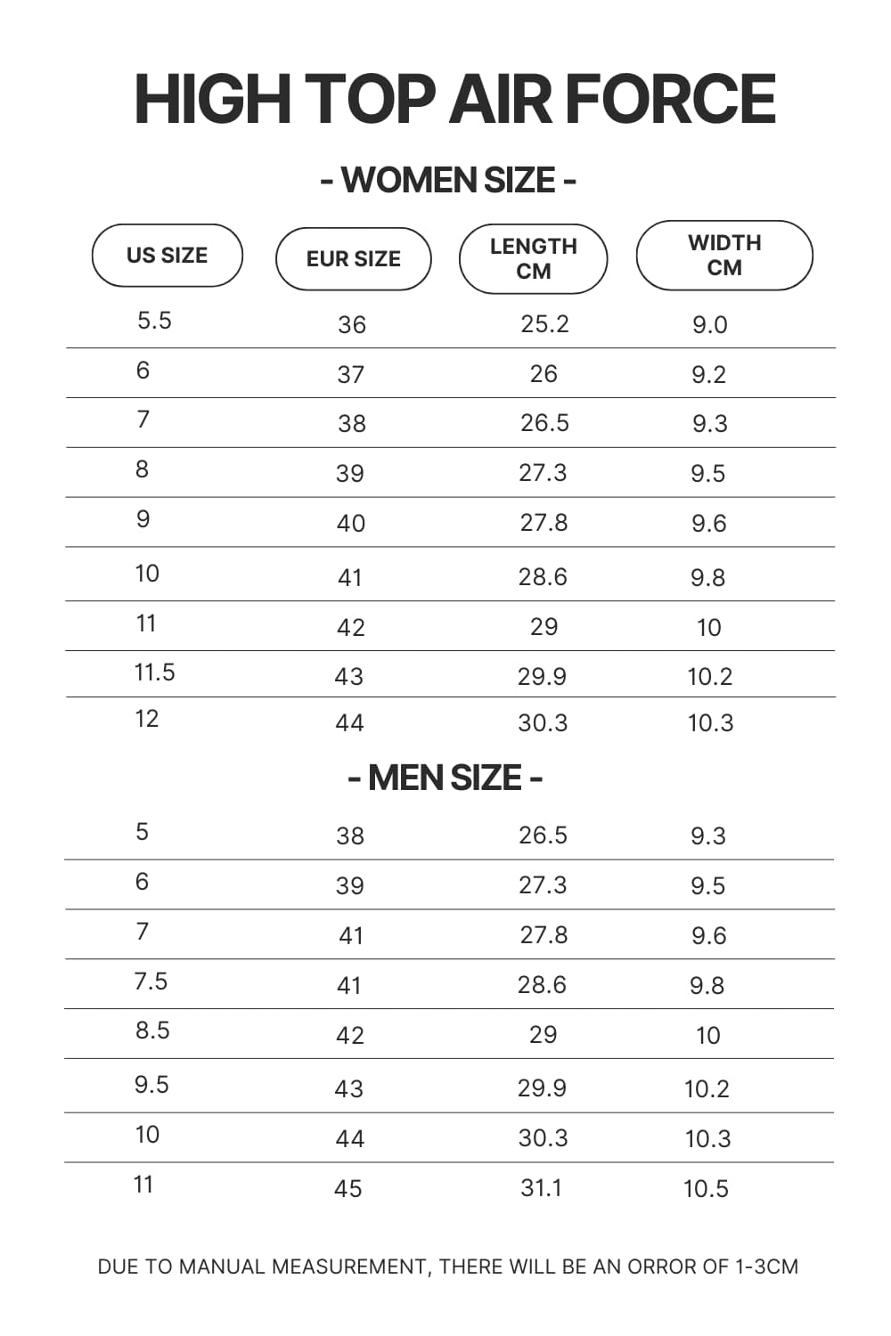 Product size chart