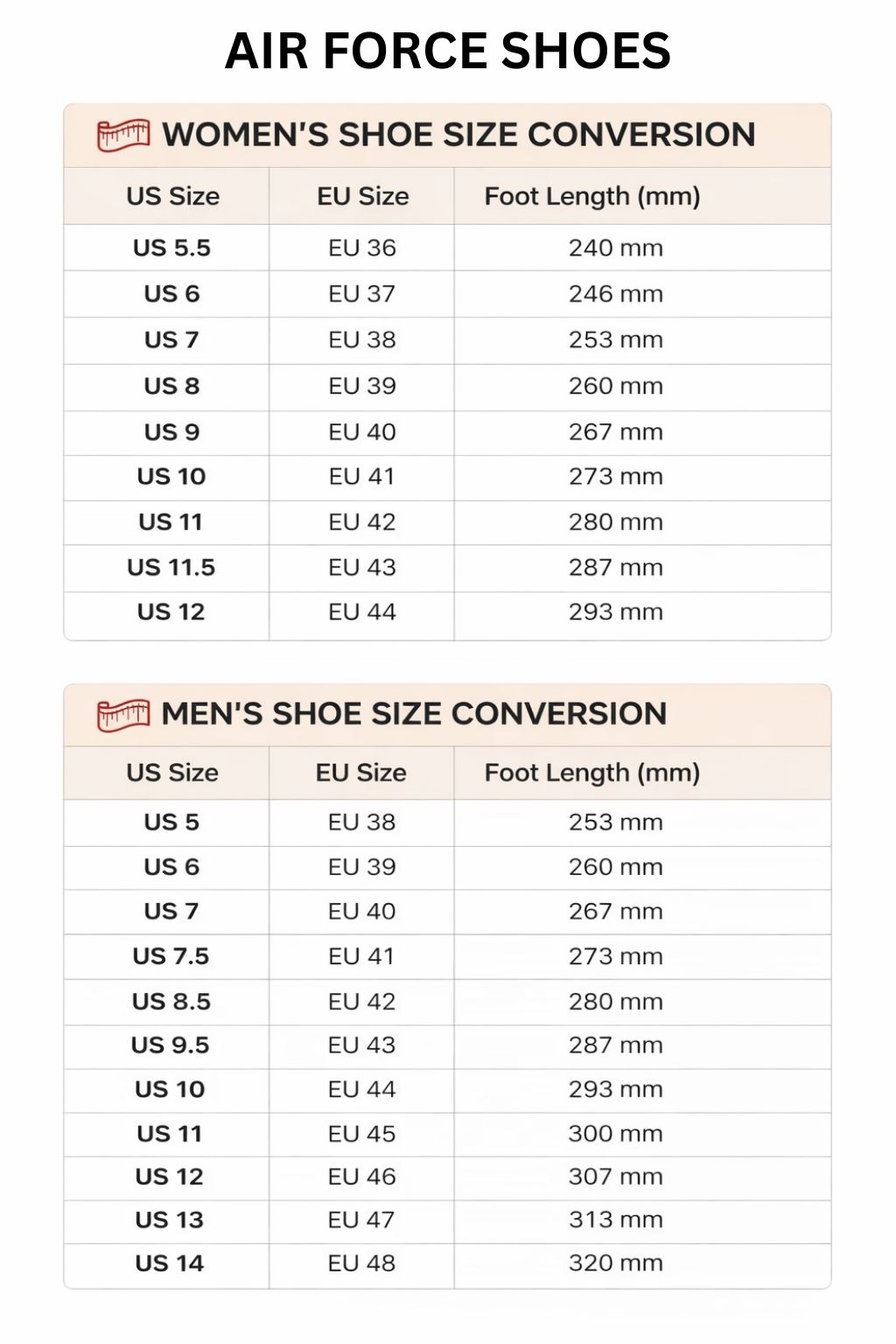 Air Force Shoes Size Chart 1 - Berserk Gifts